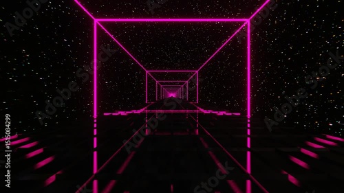 camera flyby inside tunnel of purple neon glowing rectangular frame against starry night sky background. 3d render looped animation