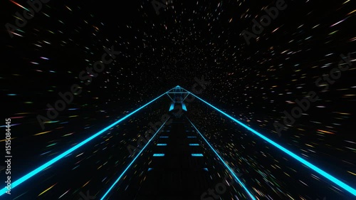 camera flyby inside a tunnel made of a rectangular frame glowing with blue neon light against the background of a starry night sky. 3d render looped animation