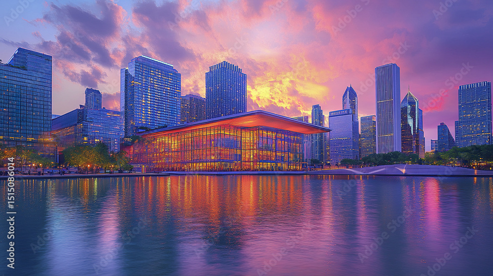 Fototapeta premium vibrant city skyline at sunset with colorful reflections on water