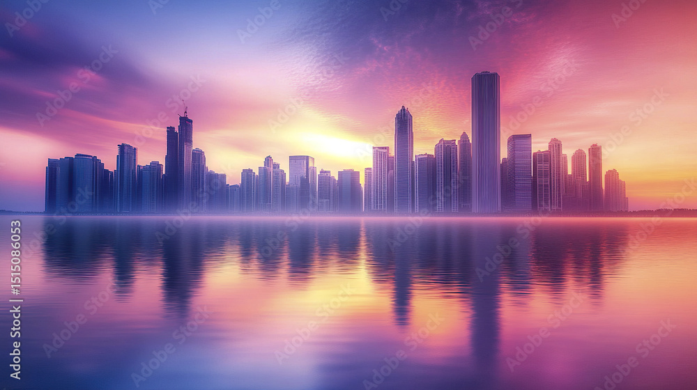 Obraz premium vibrant city skyline is reflected in calm water during sunset, creating serene atmosphere