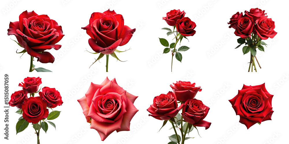 Fototapeta premium Variety of Red Roses on transparent Background Featuring Different Angles and Arrangements, Showcasing Vivid Color and Detailed Petals for Floral Design and Decoration Use