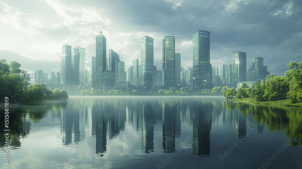 Fototapeta premium serene view of futuristic green city with modern skyscrapers reflecting in calm lake