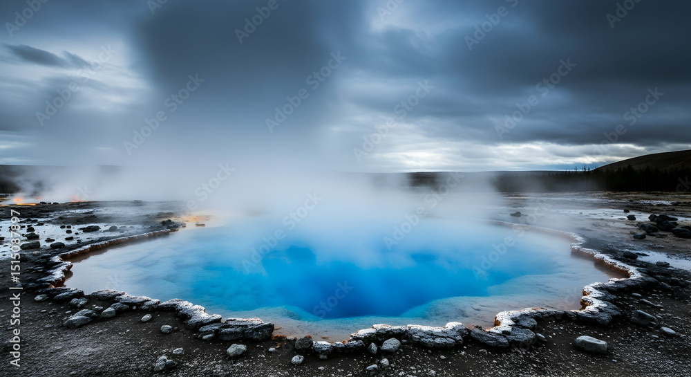 Obraz premium Dramatic Scenery With Geothermal Hot Spring And Heavy Clouds In Iceland