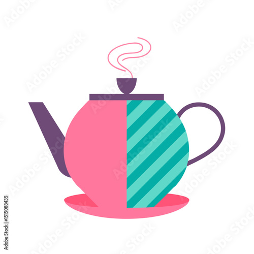 Colorful teapot with steam on a saucer in minimalist style  