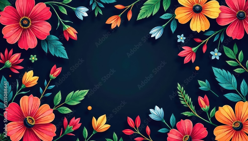 Obraz premium Bold, vibrant floral repeat pattern on dark backdrop, colorful, repeat, modern