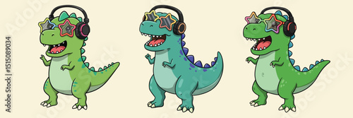 T-Rex Dinosaur Cartoon Music Vector – Cute Dancing Green T-Rex with Headphones and Sunglasses