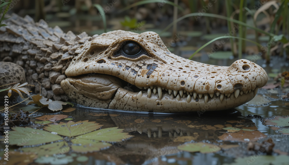 Obraz premium Alligator in the swamp: An Alligator lurks camouflaged in a swamp, its eyes fixed and alert amidst murky waters and lush aquatic plants.