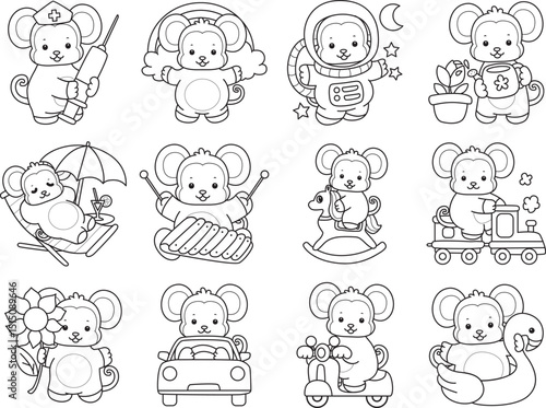 Outline of Cute Monkey icon. Lineart of Funny baby Monkey animal series stock illustration.
