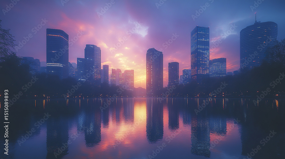 stunning skyline view of city at dusk, reflecting vibrant colors on water stunning skyline view of city at dusk, reflecting vibrant colors on water