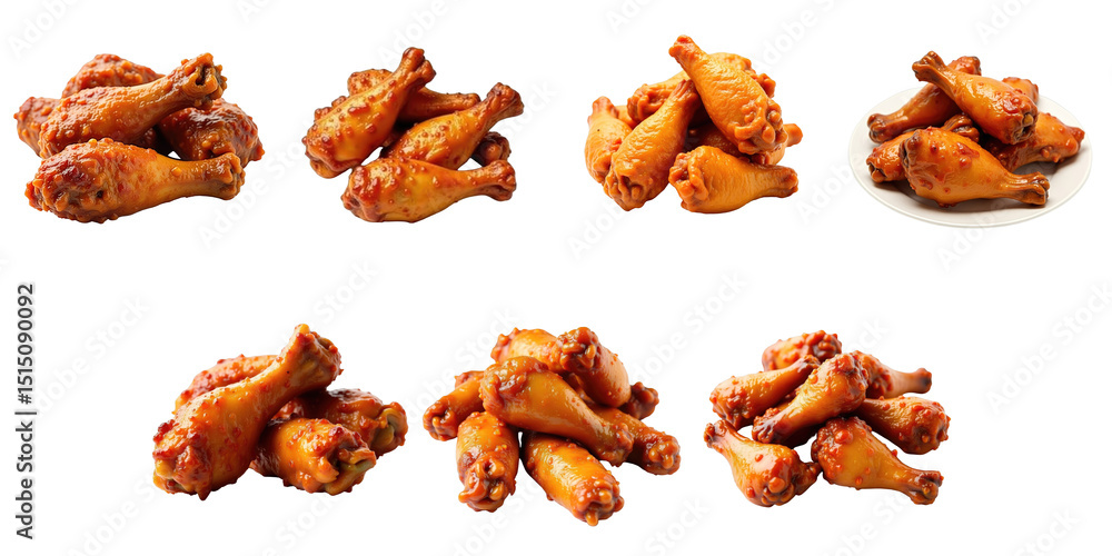 Assorted Crispy Chicken Drumsticks on a transparent Background Featuring Various Poses and Arrangements with One Serving on a Plate for Culinary Presentation Assorted Crispy Chicken Drumsticks on a transparent Background Featuring Various Poses and Arrangements with One Serving on a Plate for Culinary Presentation