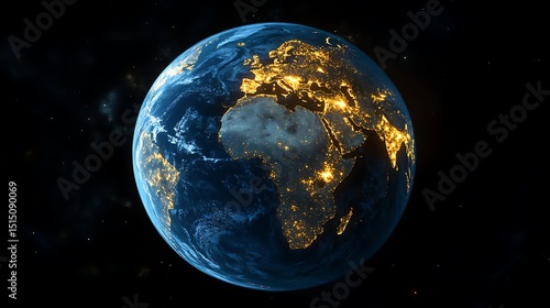 View of Earth from space at night, showing illuminated cities and continents