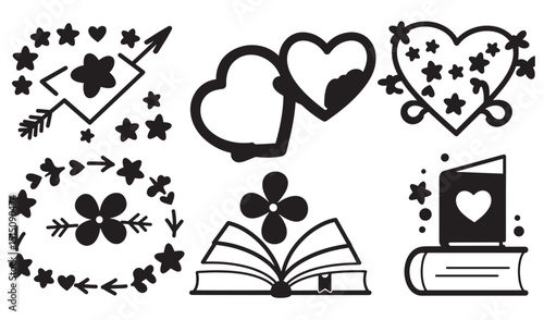 Charming black and white vector illustrations featuring hearts flowers and literary elements