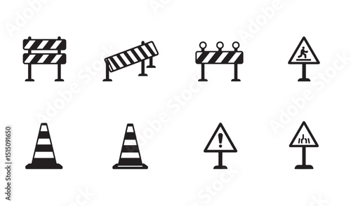 Collection of road construction and traffic safety icons in simple black and white style