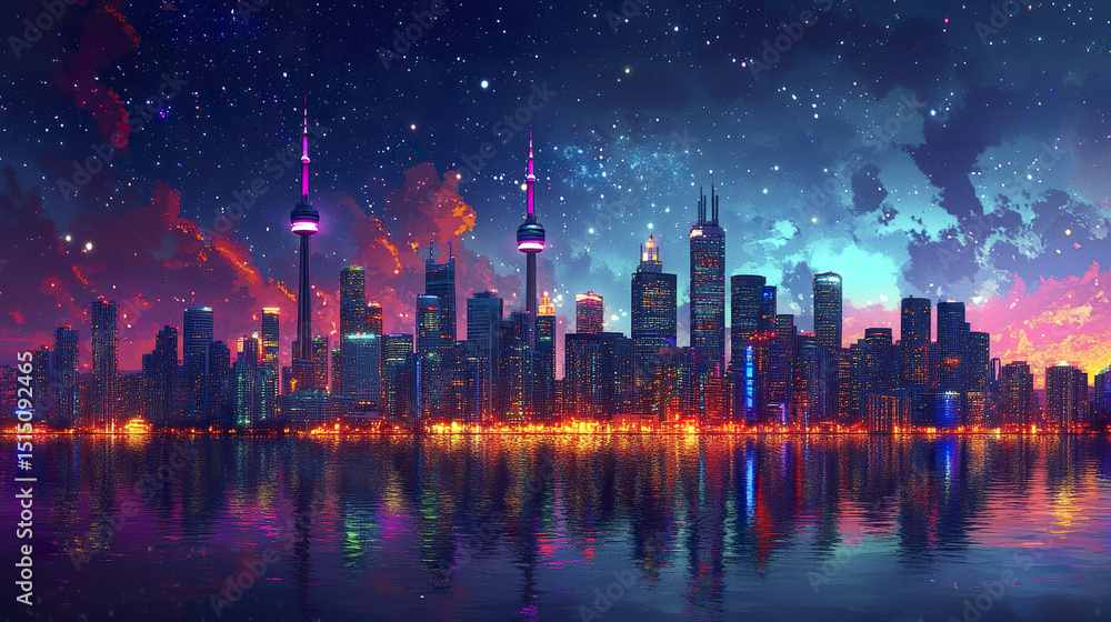 vibrant pixel art city skyline at night, illuminated by colorful lights reflecting on water vibrant pixel art city skyline at night, illuminated by colorful lights reflecting on water