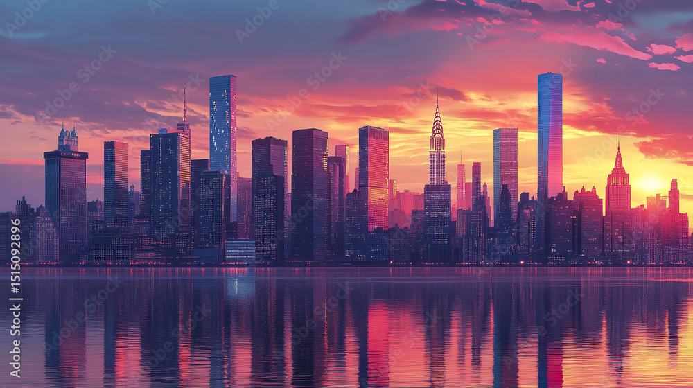 Fototapeta premium vibrant skyline of modern skyscrapers at sunset, reflecting on water surface