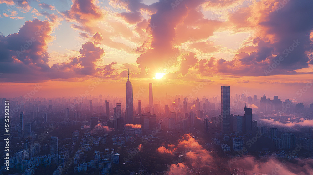 vibrant sunrise bathes city skyline in golden light, creating breathtaking view vibrant sunrise bathes city skyline in golden light, creating breathtaking view