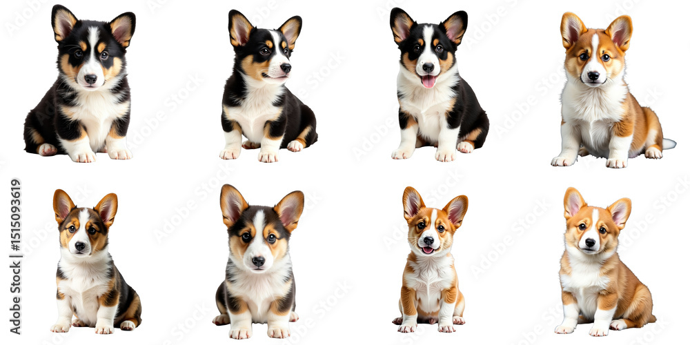 Fototapeta premium Adorable collection of nine corgi puppies with varied fur patterns and colors, displaying playful expressions against a transparent background, perfect for pet lovers and graphics.
