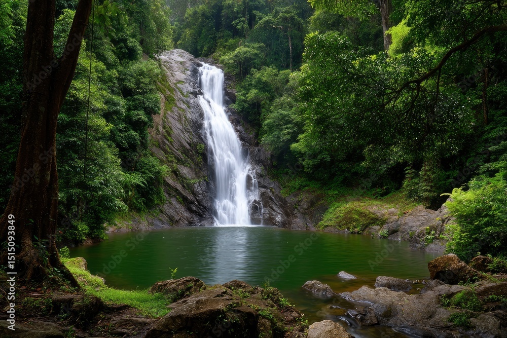 Waterfall cascading into a green pool surrounded by dense rainforest vegetation Waterfall cascading into a green pool surrounded by dense rainforest vegetation
