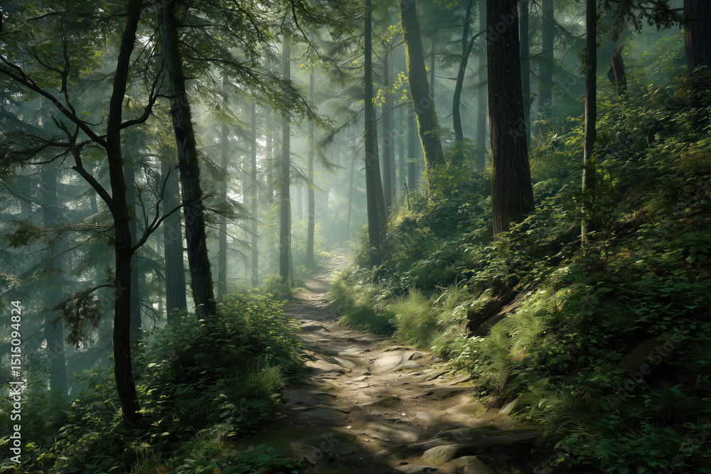 Fototapeta premium Misty Forest Trail: Natural Wilderness
