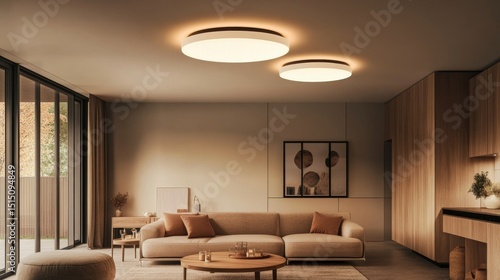 Modern Minimalist Living Room with Dual Round Flush Mount Ceiling Lights, Warm Lighting Concept, Beige Sofa, Wooden Accents. Modern Lighting, Interior Design