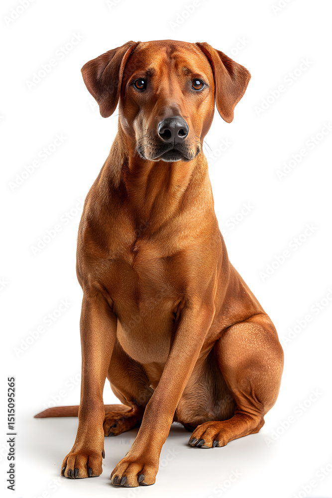 Well-groomed Rhodesian ridgeback sits attentively with a serene expression, showcasing its distinct features and coat Well-groomed Rhodesian ridgeback sits attentively with a serene expression, showcasing its distinct features and coat