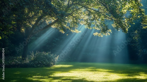 Sunbeams Through Green Canopy Landscape Photography, Crepuscular Rays, Nature Scene, Serene, Tranquil Crepuscular Rays, Nature Photography