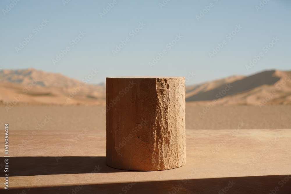 Wooden cylindrical object on a desert landscape, natural texture, minimalist design, arid environment, serene setting Wooden cylindrical object on a desert landscape, natural texture, minimalist design, arid environment, serene setting