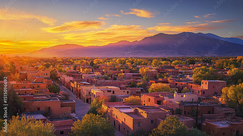 Obraz premium picturesque sunset over traditional pueblo city, showcasing vibrant colors and serene landscapes