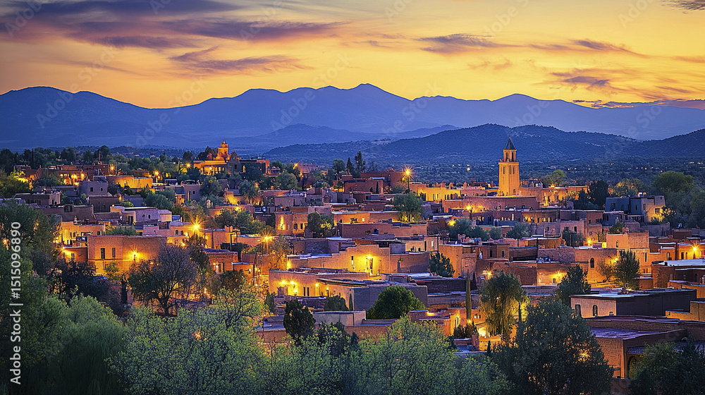 Obraz premium picturesque view of Santa Fe, New Mexico, showcasing traditional Pueblo architecture vibrant