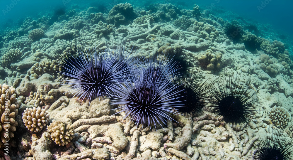 Obraz premium Underwater Scene Featuring Sea Urchins on A Coral Reef Floor