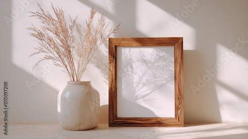 Scandinavian-Inspired Wooden Picture Frame on Light Surface: Clean Aesthetic with Soft Shadows, f/5.6, Illuminated by Natural Window Light
