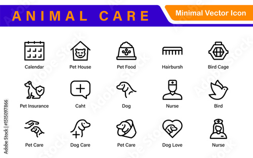 Pet Services and Animal Care Icon Set – Minimal Line Vector Illustrations for Pet Sitting, Grooming, Veterinary, Training, and Animal Health Projects