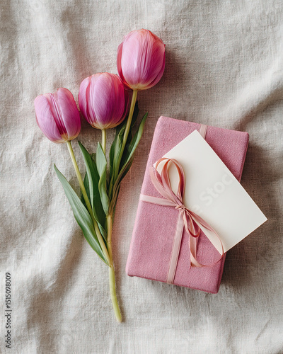 Mother’s Day flat lay with wrapped gift box, tulips, and handwritten card on linen background under soft daylight with space for text