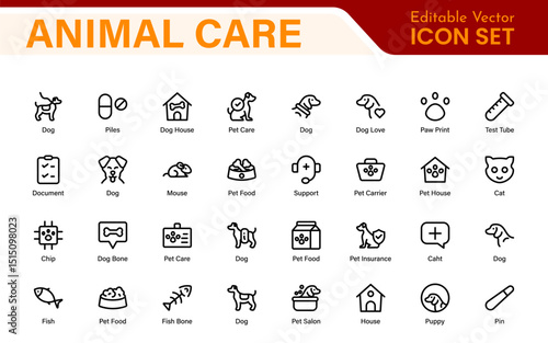 Pet Services and Animal Care Icon Set – Minimal Line Vector Illustrations for Pet Sitting, Grooming, Veterinary, Training, and Animal Health Projects