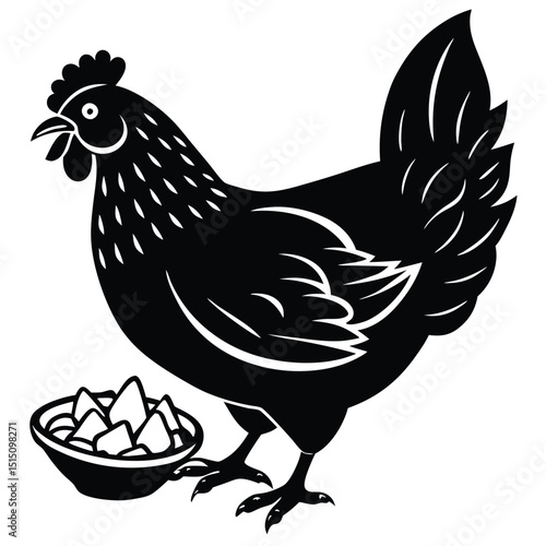 Black Silhouette Hen with Berry – Farm Animal Vector Art,
Chicken Feeding Scene with Nest – Vintage Farm Illustration,
Classic Hen Silhouette – Retro Poultry Artwork Design.