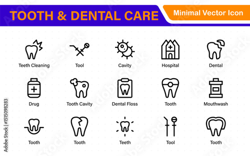 Complete Tooth and Dental Care Icon Collection. Perfect for Oral Hygiene, Dentist Tools, Preventive Measures, Whitening Solutions, and Comprehensive Dental Care