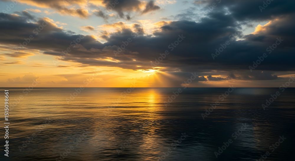 Fototapeta premium Golden Hour Rays Bursting Through Dramatic Clouds Over Calm Ocean Waters