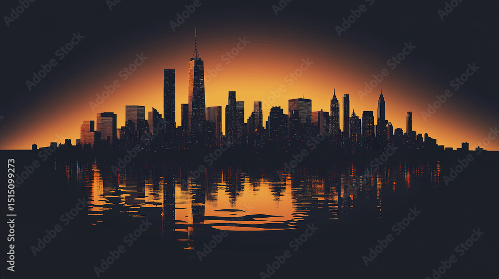 stunning city skyline silhouette at sunset, reflecting on calm water stunning city skyline silhouette at sunset, reflecting on calm water