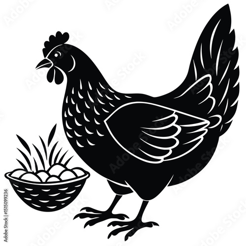 Black Silhouette Hen with Berry – Farm Animal Vector Art,
Chicken Feeding Scene with Nest – Vintage Farm Illustration,
Classic Hen Silhouette – Retro Poultry Artwork Design.