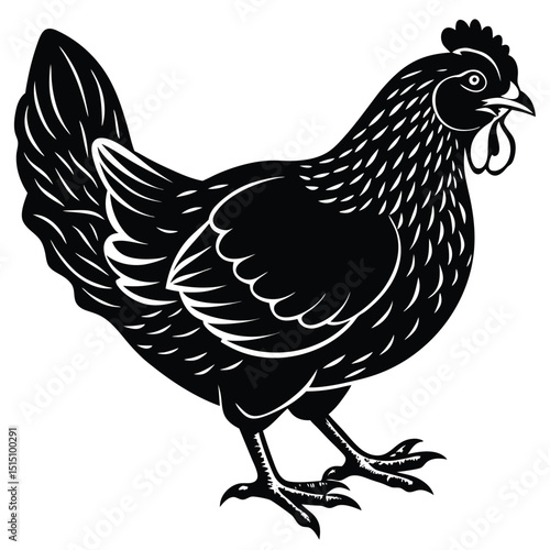 Black Silhouette Hen with Berry – Farm Animal Vector Art,
Chicken Feeding Scene with Nest – Vintage Farm Illustration,
Classic Hen Silhouette – Retro Poultry Artwork Design.