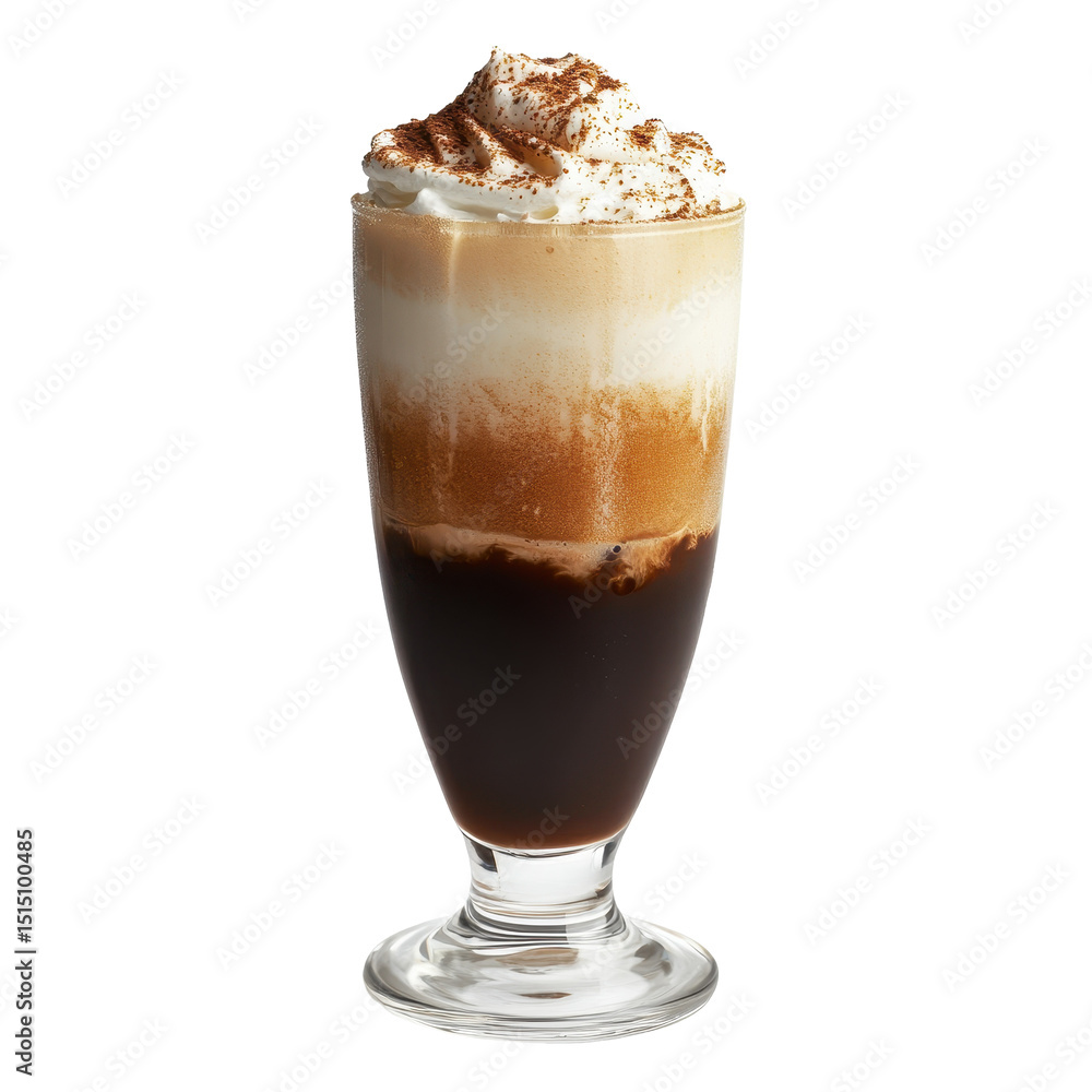 Delicious layered coffee drink with whipped cream and chocolate sprinkle served in a clear glass Delicious layered coffee drink with whipped cream and chocolate sprinkle served in a clear glass