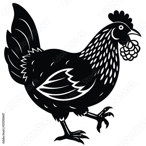 Black Silhouette Hen with Berry – Farm Animal Vector Art,
Chicken Feeding Scene with Nest – Vintage Farm Illustration,
Classic Hen Silhouette – Retro Poultry Artwork Design.