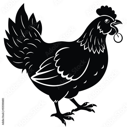 Black Silhouette Hen with Berry – Farm Animal Vector Art,
Chicken Feeding Scene with Nest – Vintage Farm Illustration,
Classic Hen Silhouette – Retro Poultry Artwork Design.