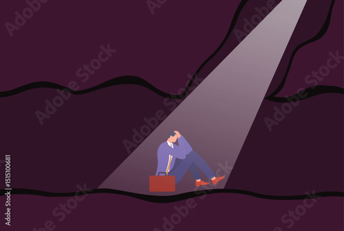 Vector illustration of a depressed businessman sitting alone in a dark tunnel under a beam of light, symbolizing feelings of failure, frustration, and mental burnout in the face of challenges