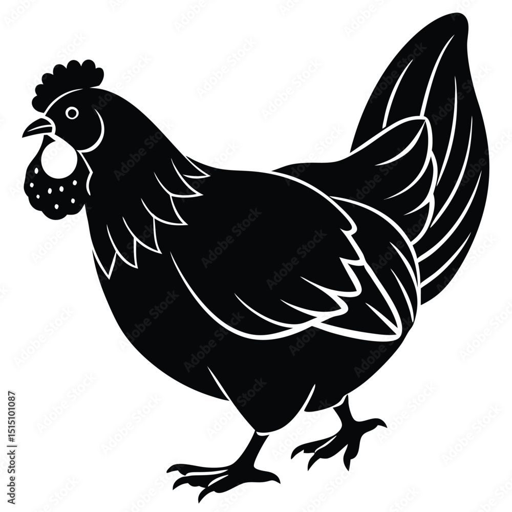 Fototapeta premium Black Silhouette Hen with Berry – Farm Animal Vector Art, Chicken Feeding Scene with Nest – Vintage Farm Illustration, Classic Hen Silhouette – Retro Poultry Artwork Design.