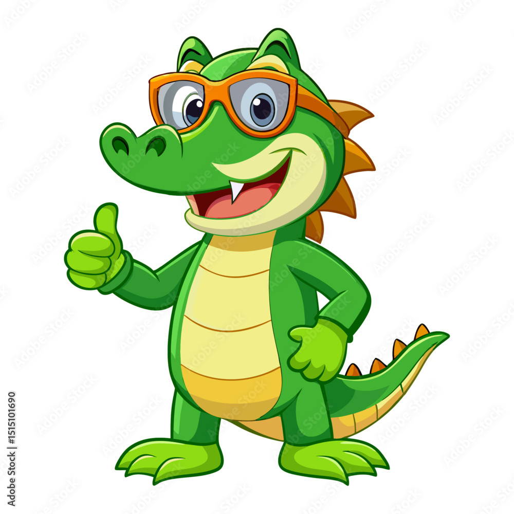 Fototapeta premium funny Alligator wearing sunglasses gives a smiling thumbs-up in a vibrant, detailed 3D cartoon render, showing approval