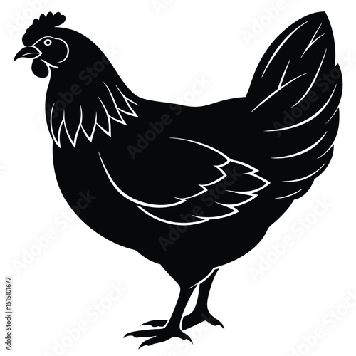 Black Silhouette Hen with Berry – Farm Animal Vector Art,
Chicken Feeding Scene with Nest – Vintage Farm Illustration,
Classic Hen Silhouette – Retro Poultry Artwork Design.