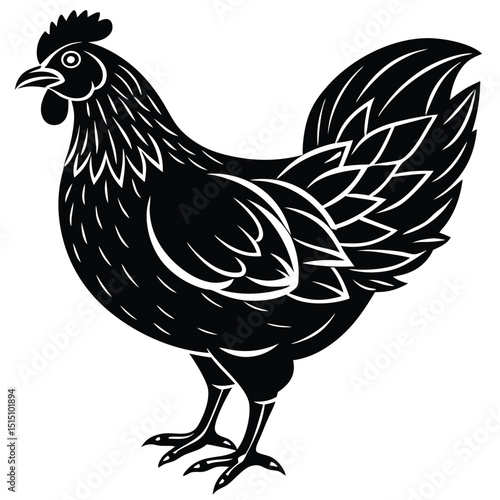 Black Silhouette Hen with Berry – Farm Animal Vector Art,
Chicken Feeding Scene with Nest – Vintage Farm Illustration,
Classic Hen Silhouette – Retro Poultry Artwork Design.