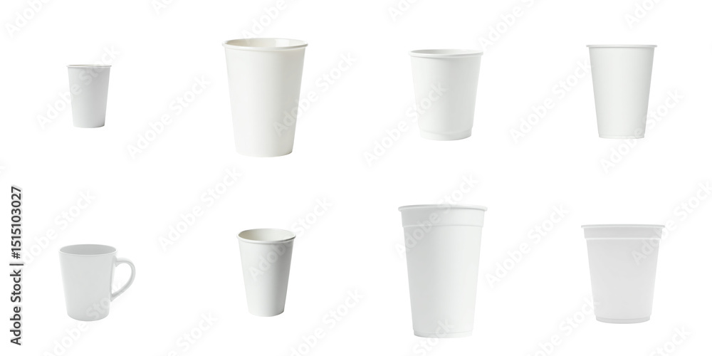 Variety of White Disposable Cups and Mugs on transparent Background Featuring Different Sizes and Styles Ideal for Catering or Beverage Services Variety of White Disposable Cups and Mugs on transparent Background Featuring Different Sizes and Styles Ideal for Catering or Beverage Services