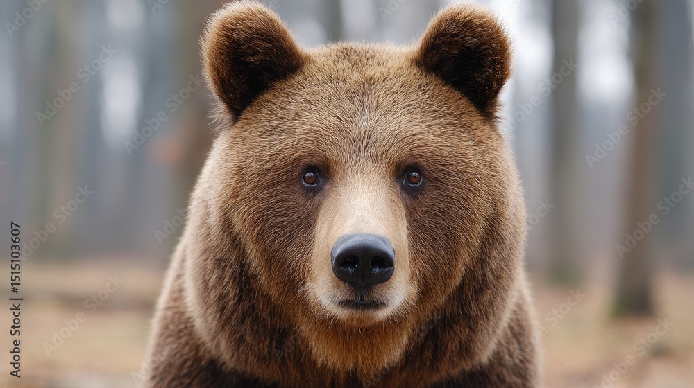 Obraz premium Majestic Brown Bear in Forest - Close-up portrait of a brown bear in a woodland setting. The bear looks directly at the camera